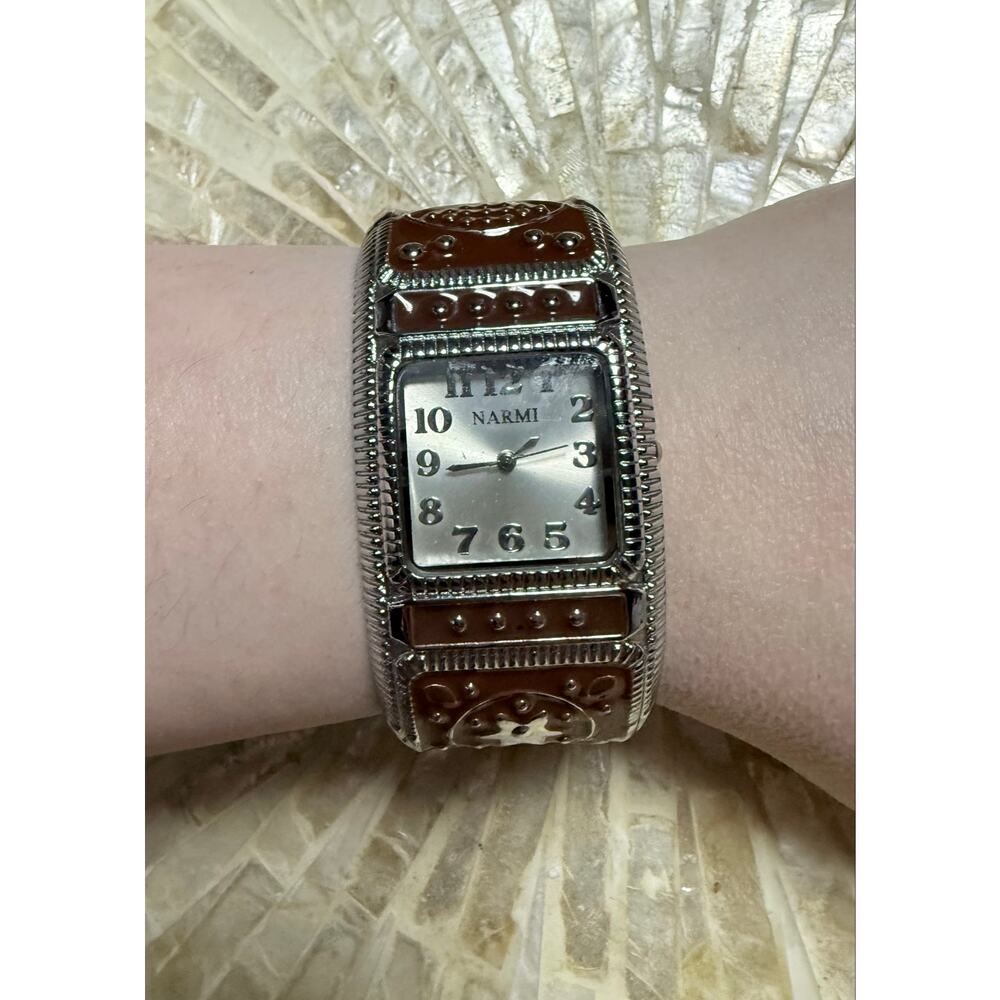 Narmi Brown Enamel Hinged Bangle Watch Silver Tone Cuff Bracelet